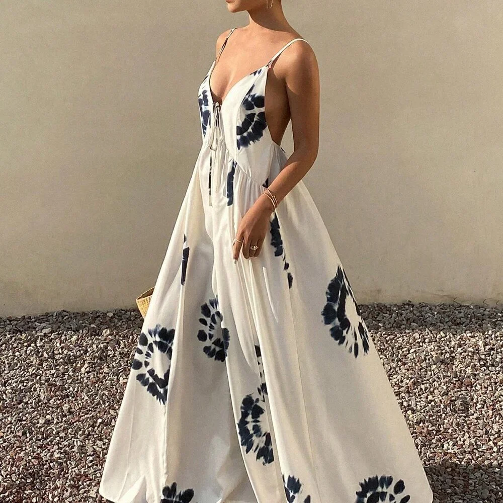 Beige Boho Women's Full Floral Print Spaghetti Strap Dress - Picture 3 of 7